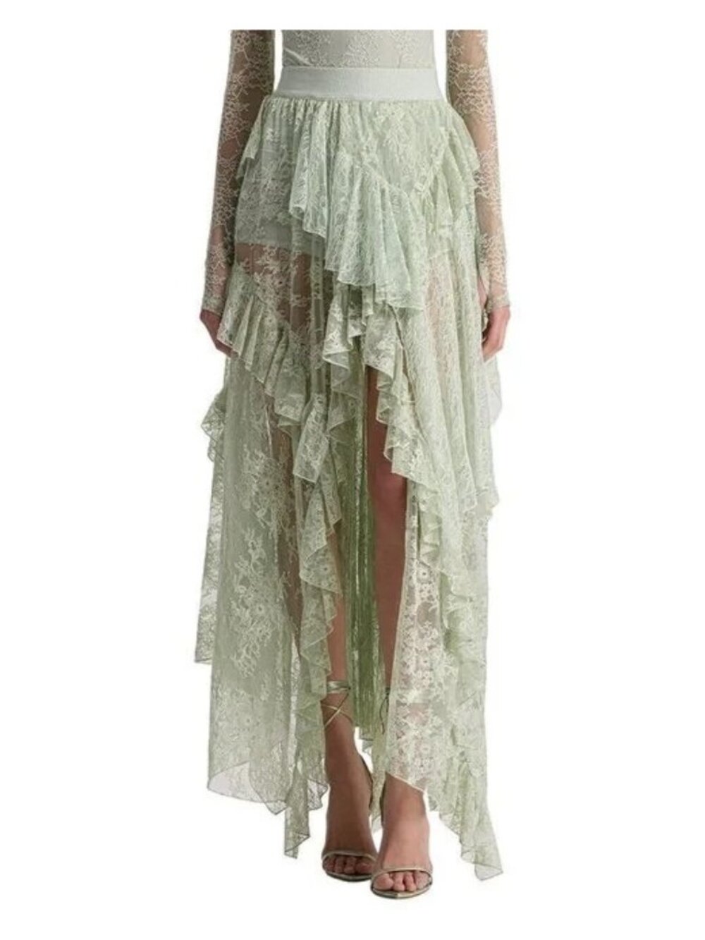 NWT Alice + Olivia Mixed Media Lace Asymmetrical Maxi in Green Tea Skirt 4 $895